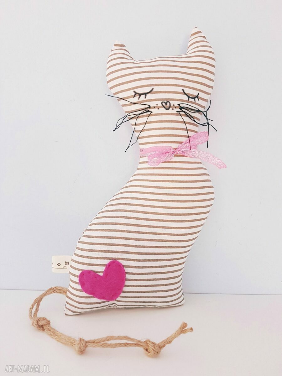 Kotek dekoracyjny kot beżowy paseczki cat meow uszyty tkanin