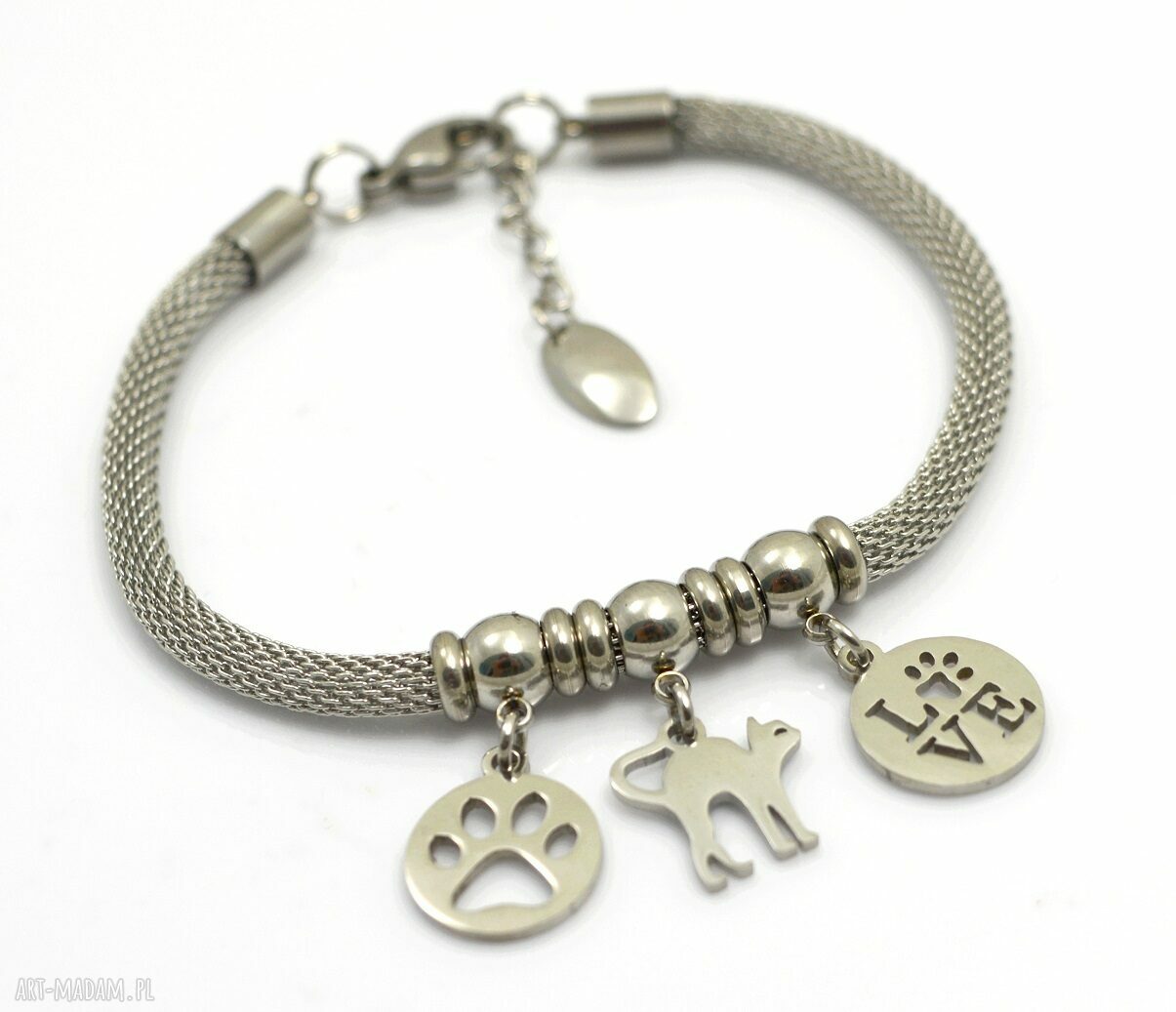 Catlover charms - bransoletka ze stali szlachetnej z zawieszkami kota