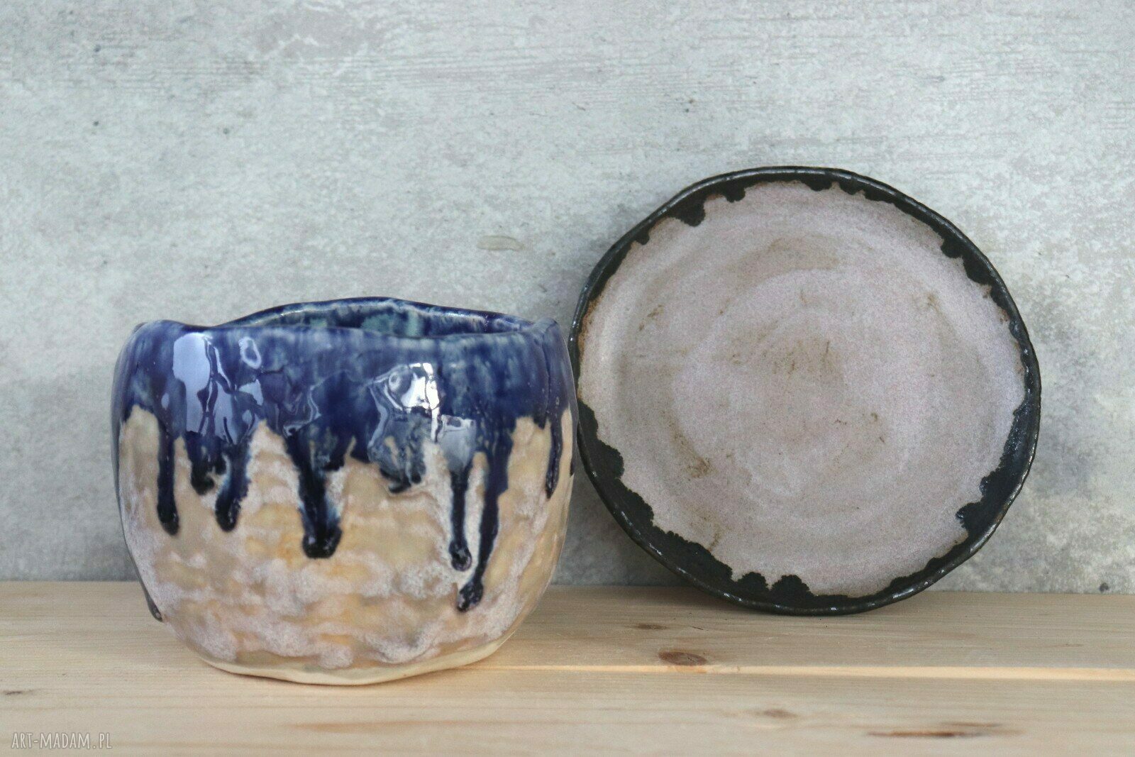 Ręcznie robiona doniczka ceramiczna Otuliny - szaro-różowa i kobaltowa