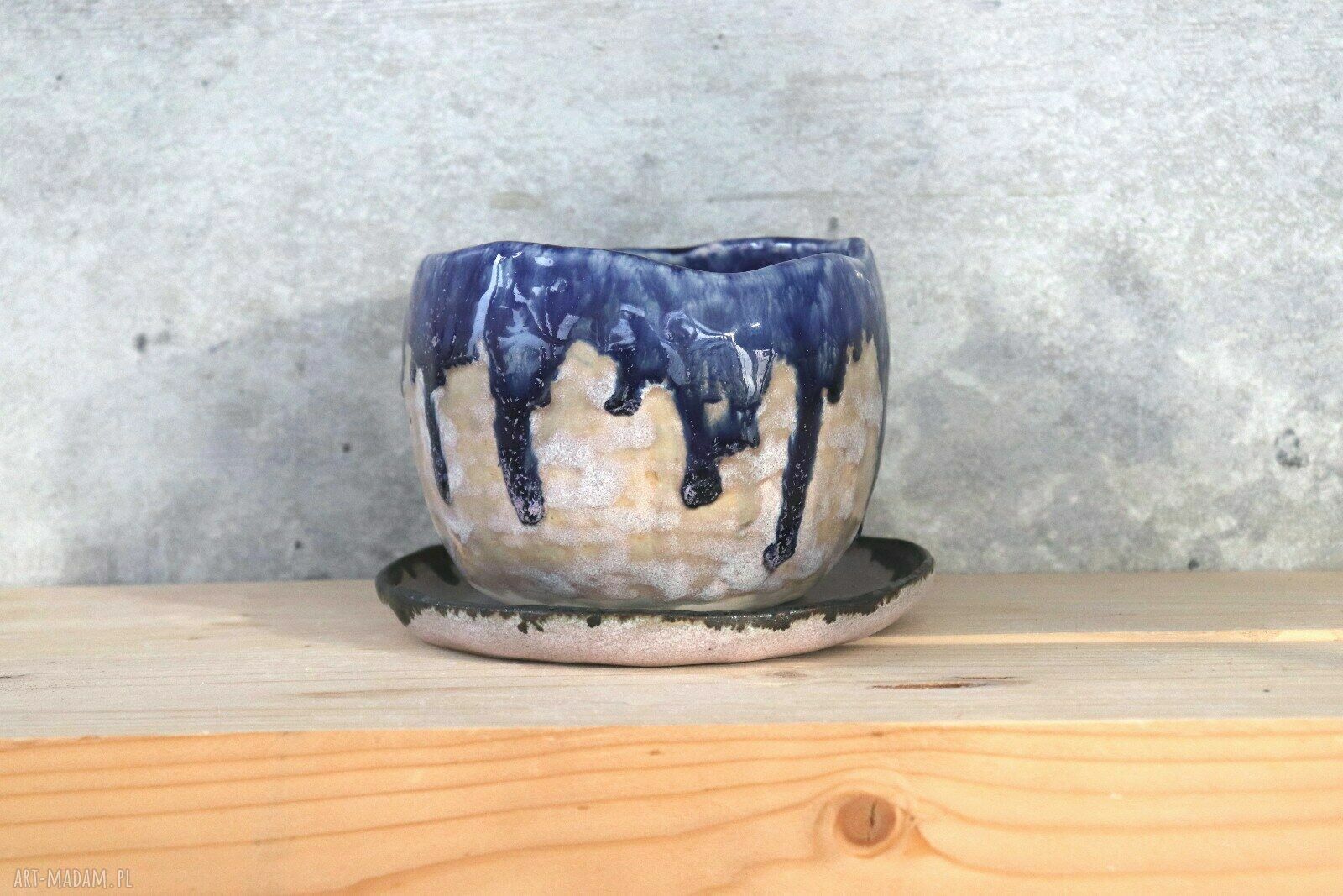 Ręcznie robiona doniczka ceramiczna Otuliny - szaro-różowa i kobaltowa
