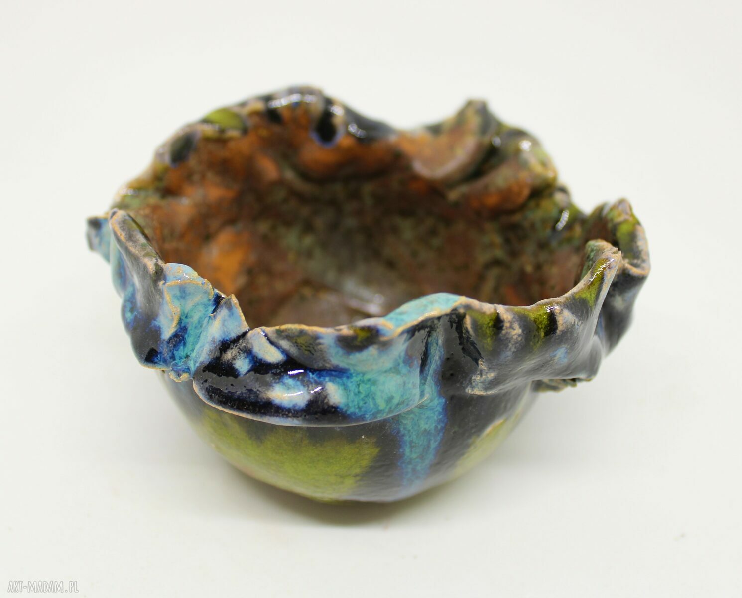 Ceramiczna doniczka handmade - zielona i brązowa, wypalana i szkliwiona