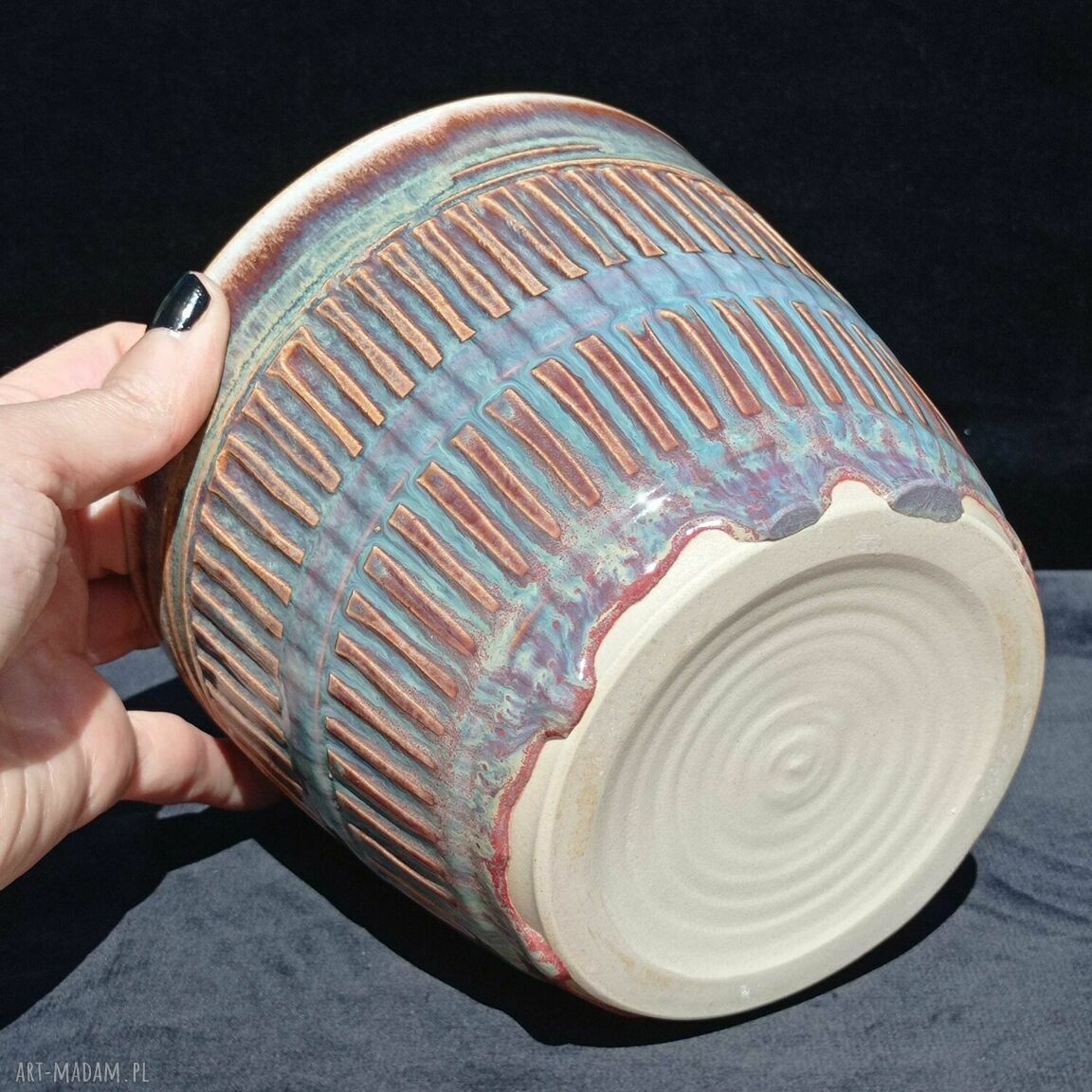 Niebieska doniczka ceramiczna Sgraffito Regular - ręcznie robiona osłonka
