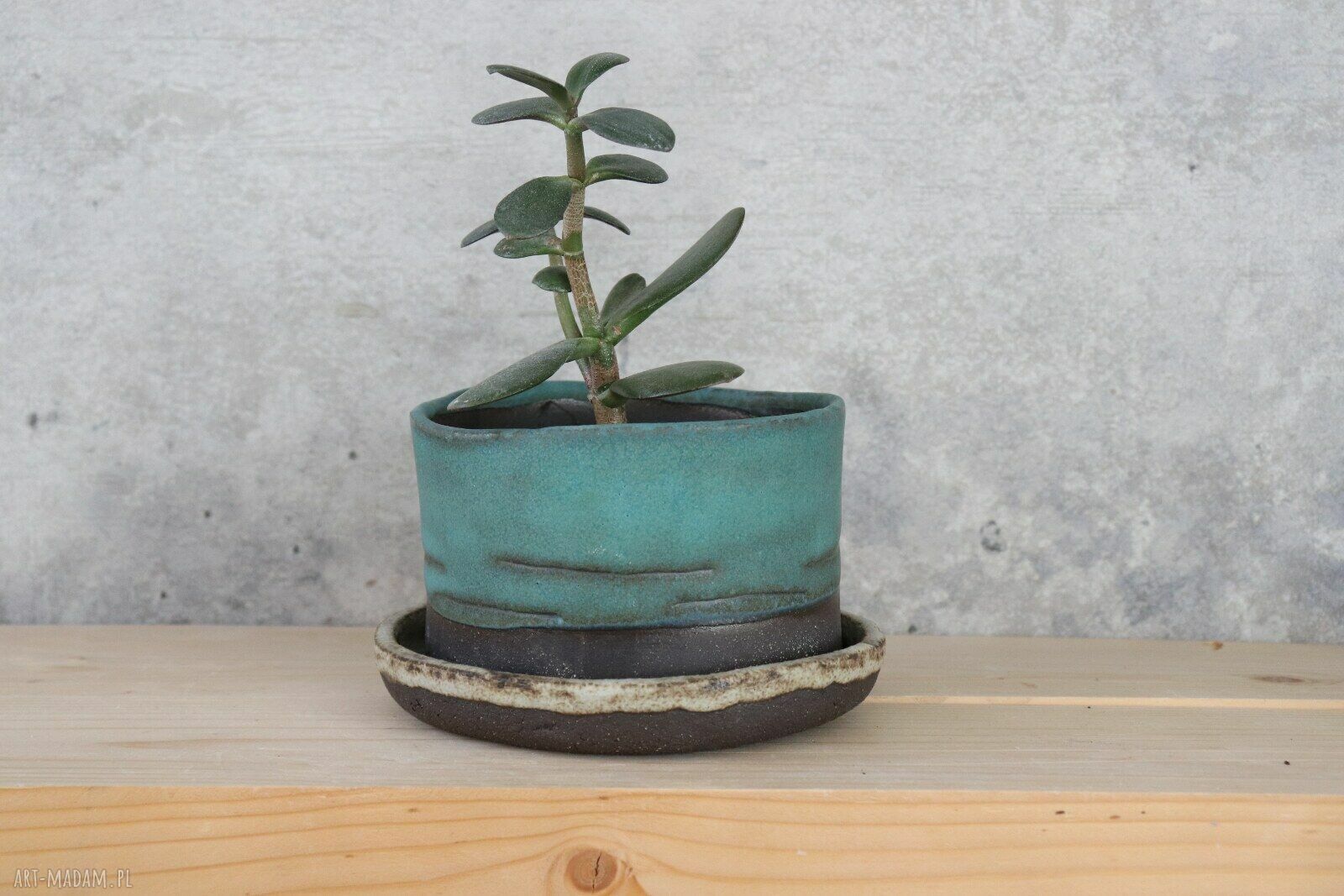 Doniczka ceramiczna Otuliny handmade - niebieskie szkliwo i fioletowa podstawka