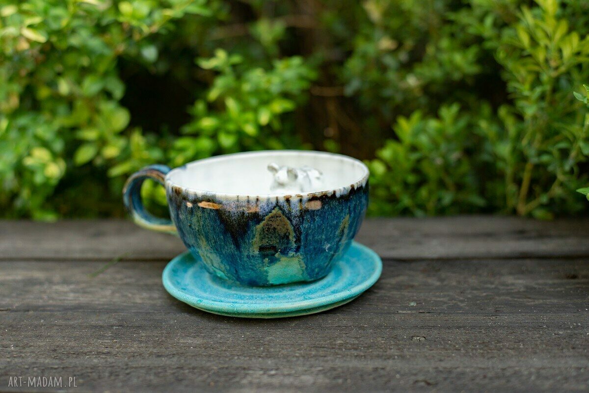 Filiżanka ceramiczna 300 ml z hipopotamem - niebieski turkus i talerzyk w komplecie