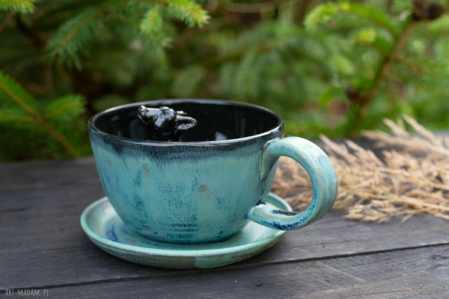 Ceramiczna filiżanka z figurką wilka - niebieska patyna 300 ml - na prezent