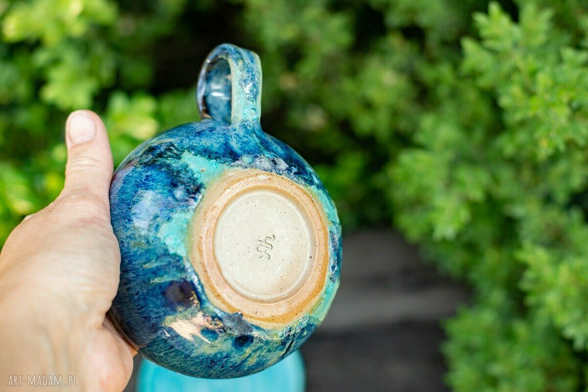 Filiżanka ceramiczna 300 ml z hipopotamem - niebieski turkus i talerzyk w komplecie