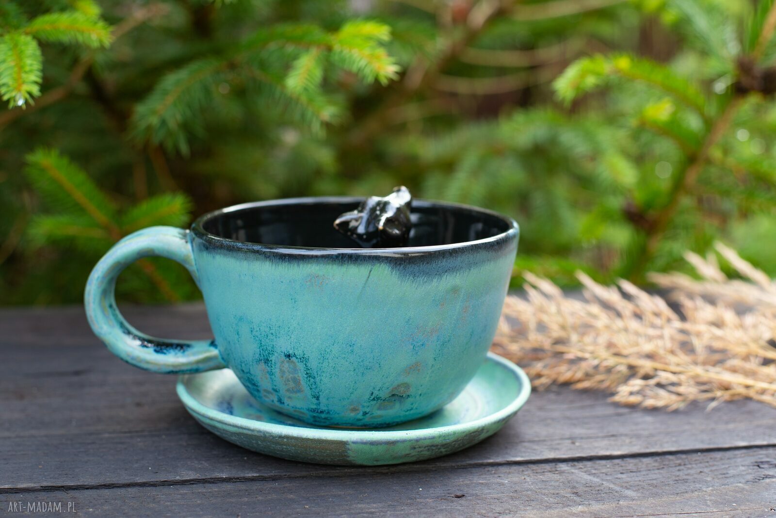 Ceramiczna filiżanka z figurką wilka - niebieska patyna 300 ml - na prezent