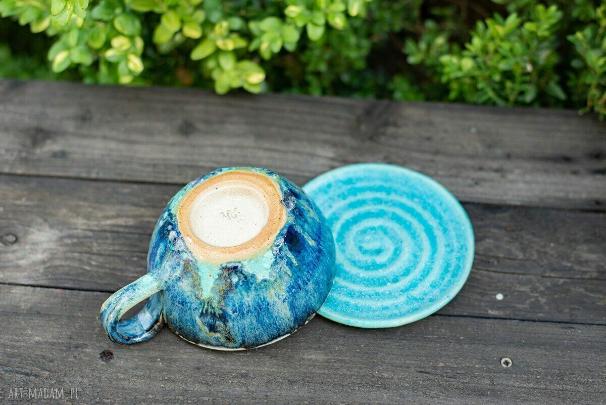 Filiżanka ceramiczna 300 ml z hipopotamem - niebieski turkus i talerzyk w komplecie