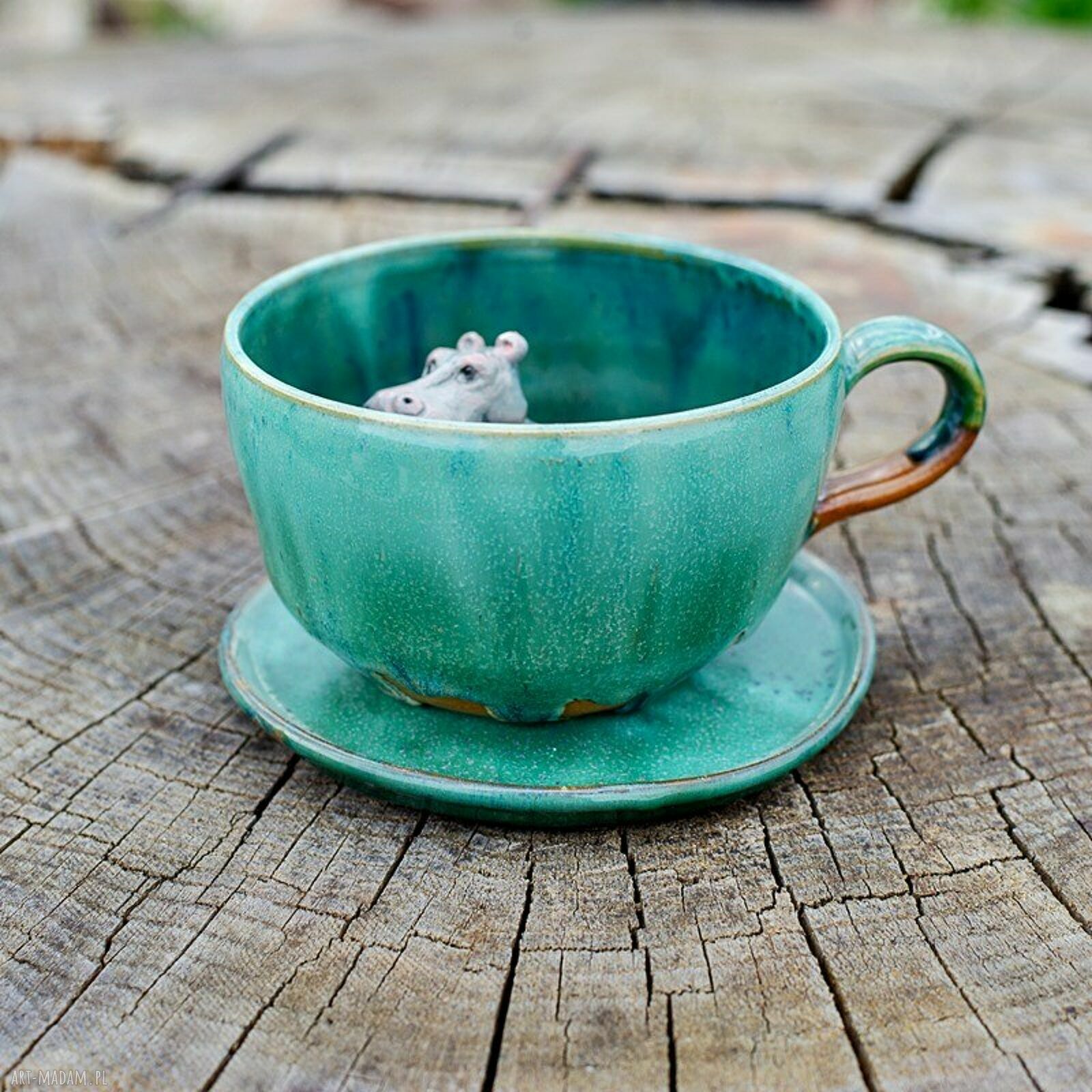 Ceramiczna filiżanka z hipopotamem w zieleni - ok. 400 ml, rękodzieło na prezent