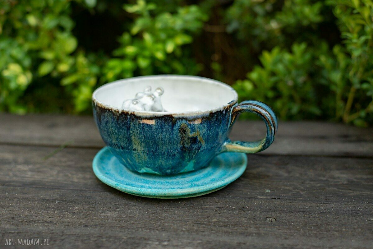Filiżanka ceramiczna 300 ml z hipopotamem - niebieski turkus i talerzyk w komplecie