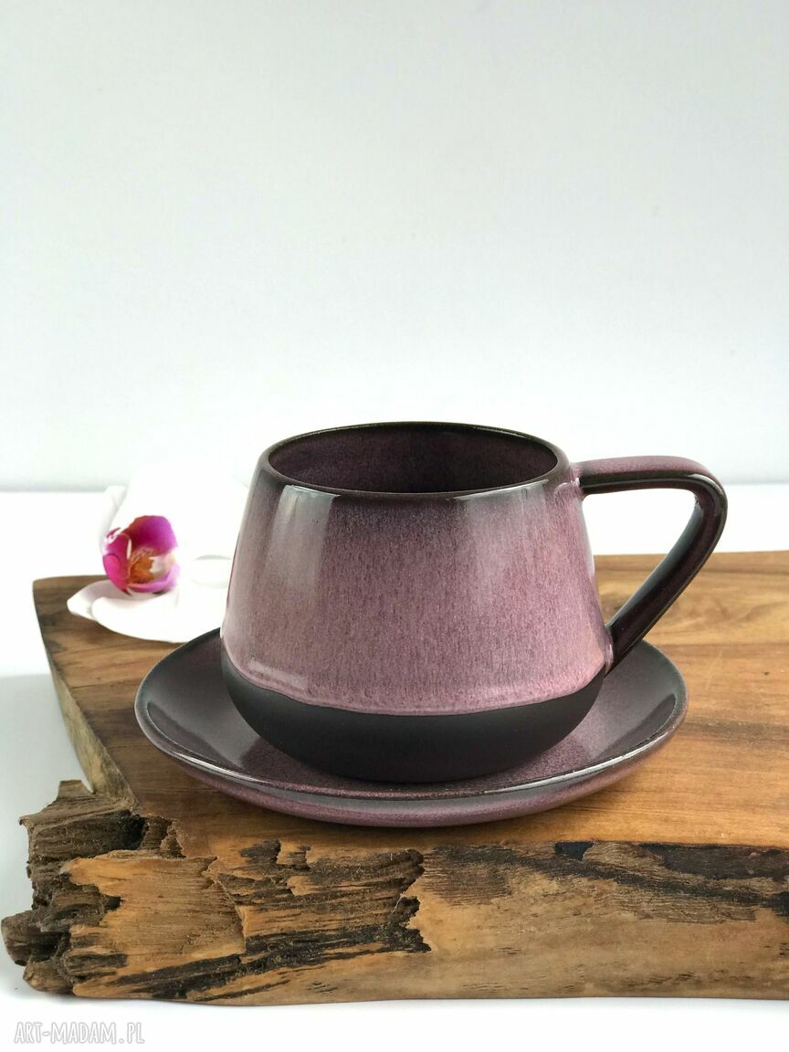 Filiżanka ceramiczna ze spodkiem 250 ml - ciemny pudrowy róż (handmade)