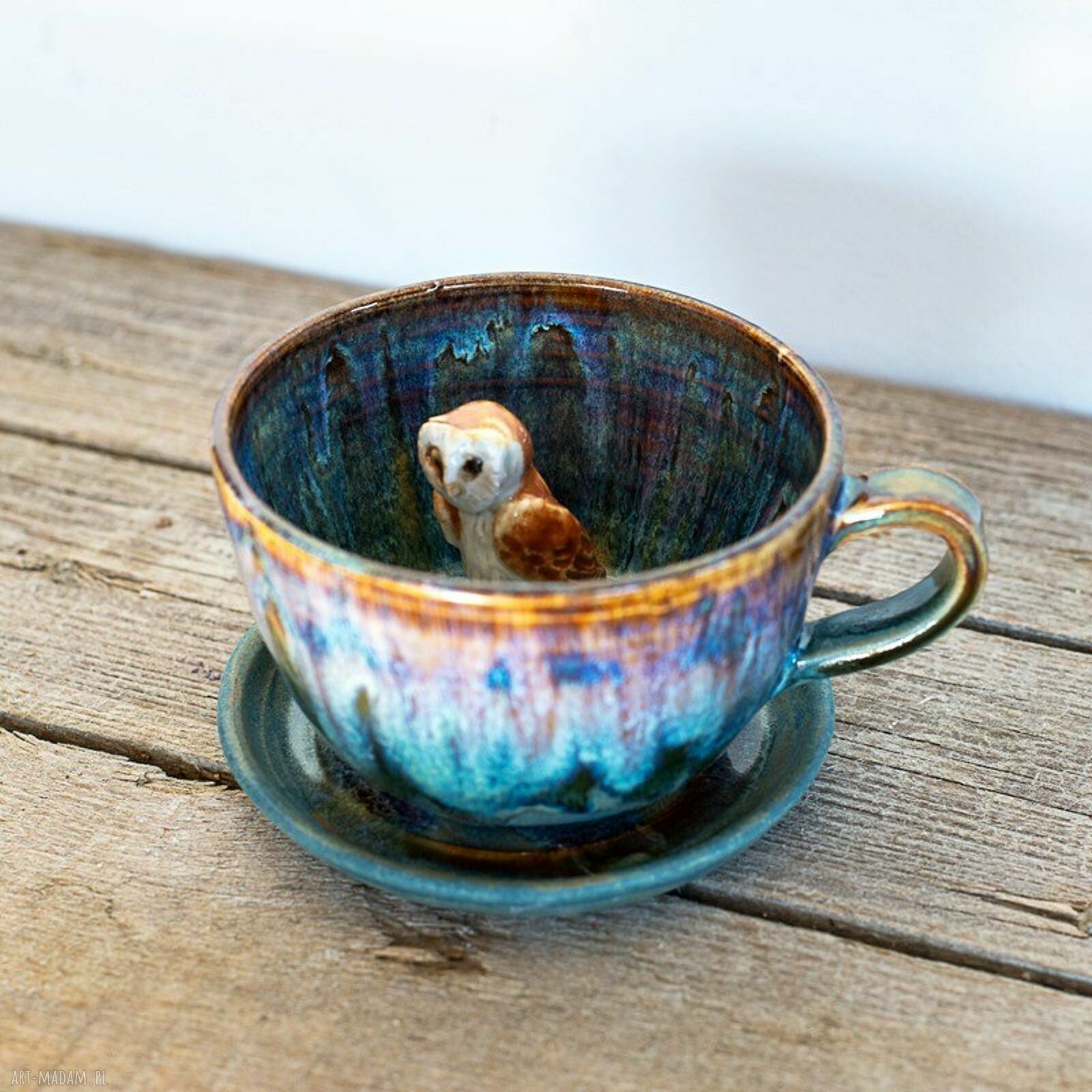 Ceramiczna filiżanka z figurką sowy płomykówki - Opal, ok. 310 ml (z talerzykiem)
