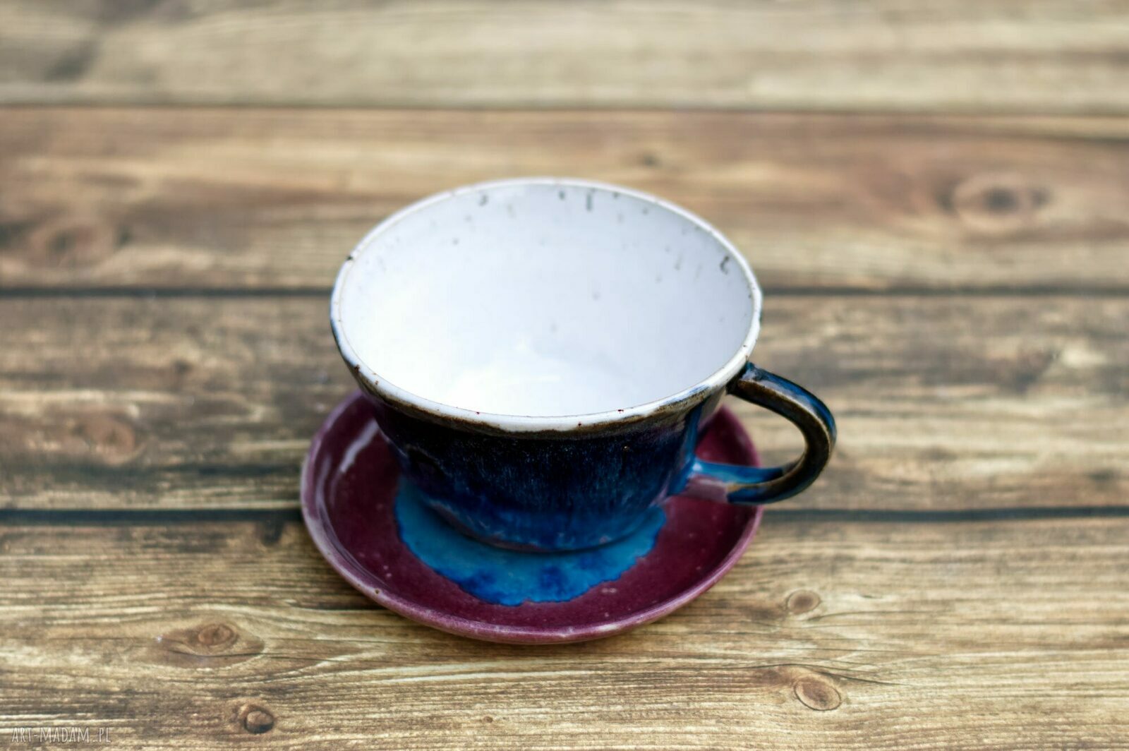 Ręcznie toczona ceramiczna filiżanka wrzosowo-niebieska 260 ml z talerzykiem