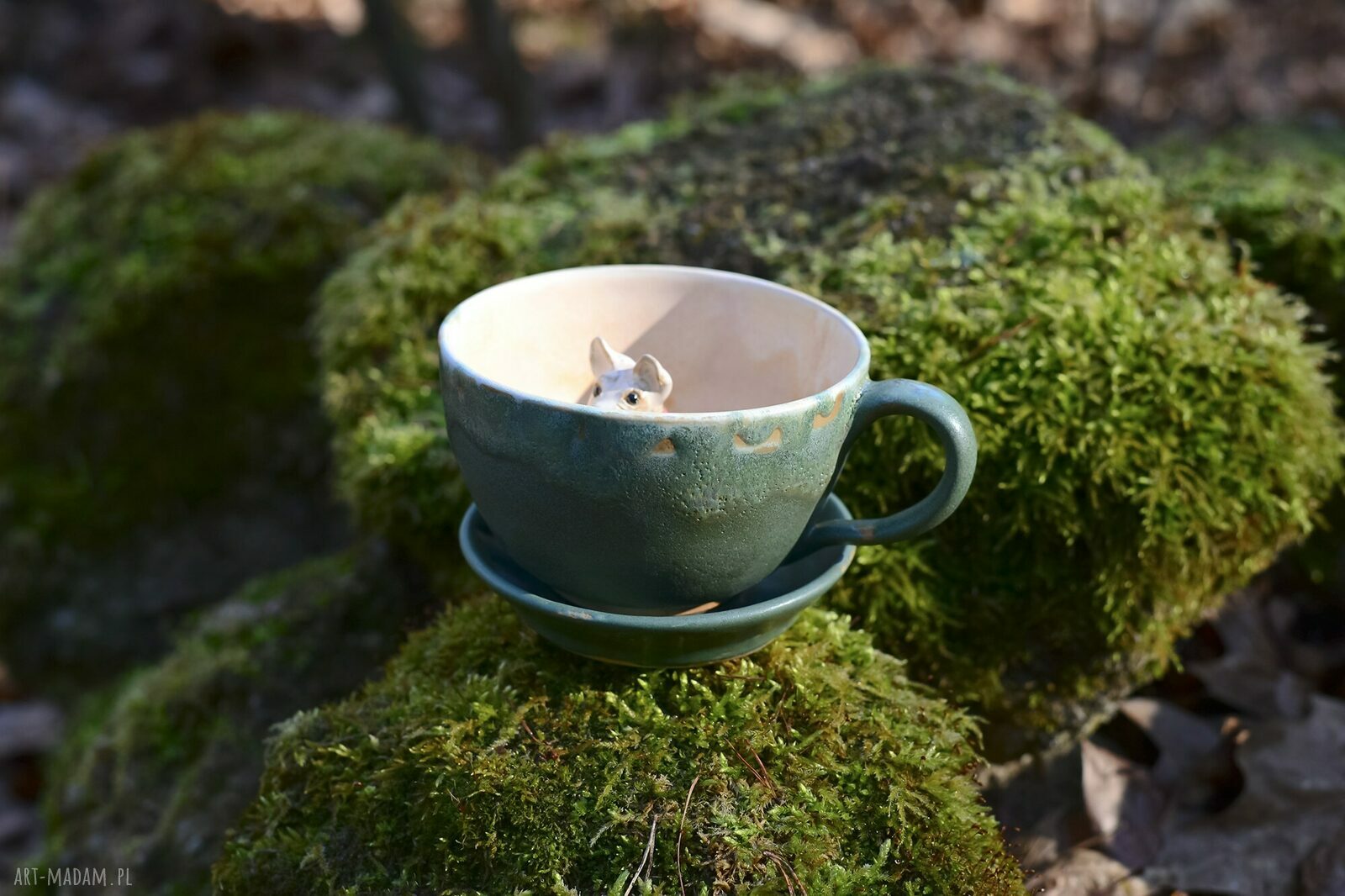 Ceramiczna filiżanka z figurką buldożka francuskiego - niebieska - 440 ml - na prezent