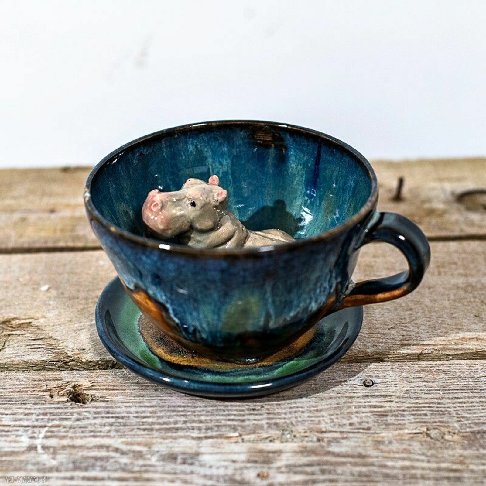 Ceramiczna filiżanka Hipopotam "Nocna Tundra", rękodzieło - ok. 320 ml na prezent