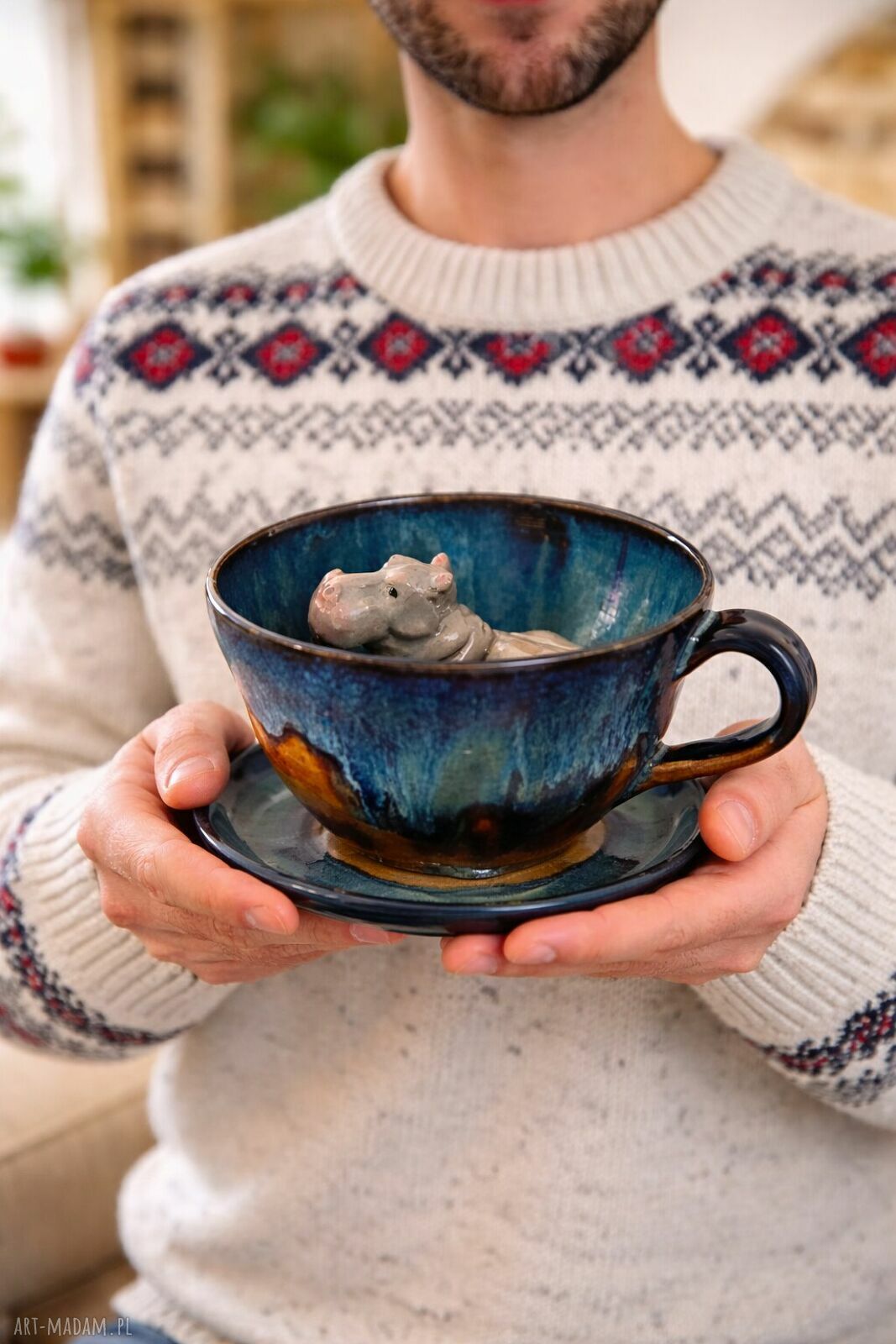 Ceramiczna filiżanka Hipopotam "Nocna Tundra", rękodzieło - ok. 320 ml na prezent