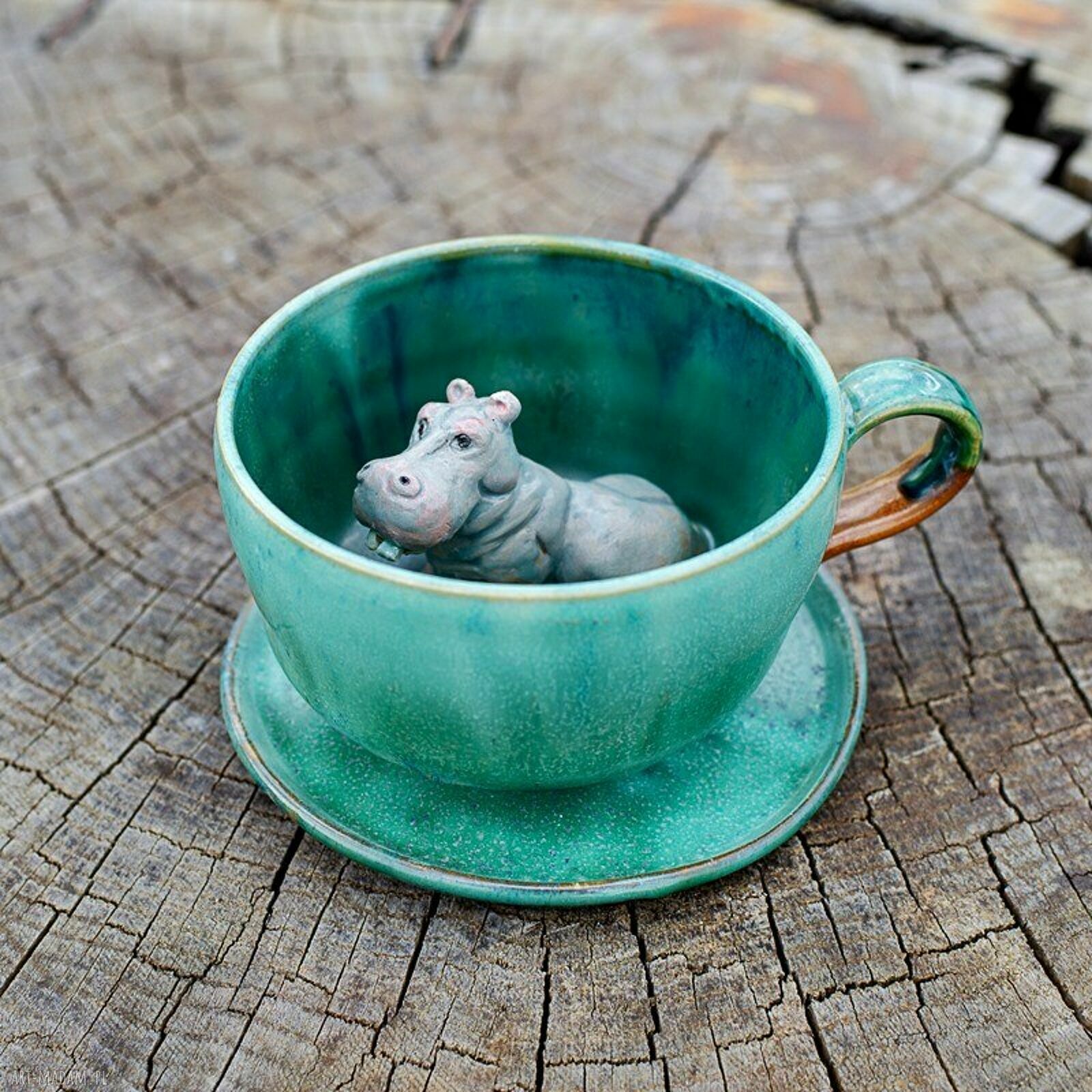 Ceramiczna filiżanka z hipopotamem w zieleni - ok. 400 ml, rękodzieło na prezent