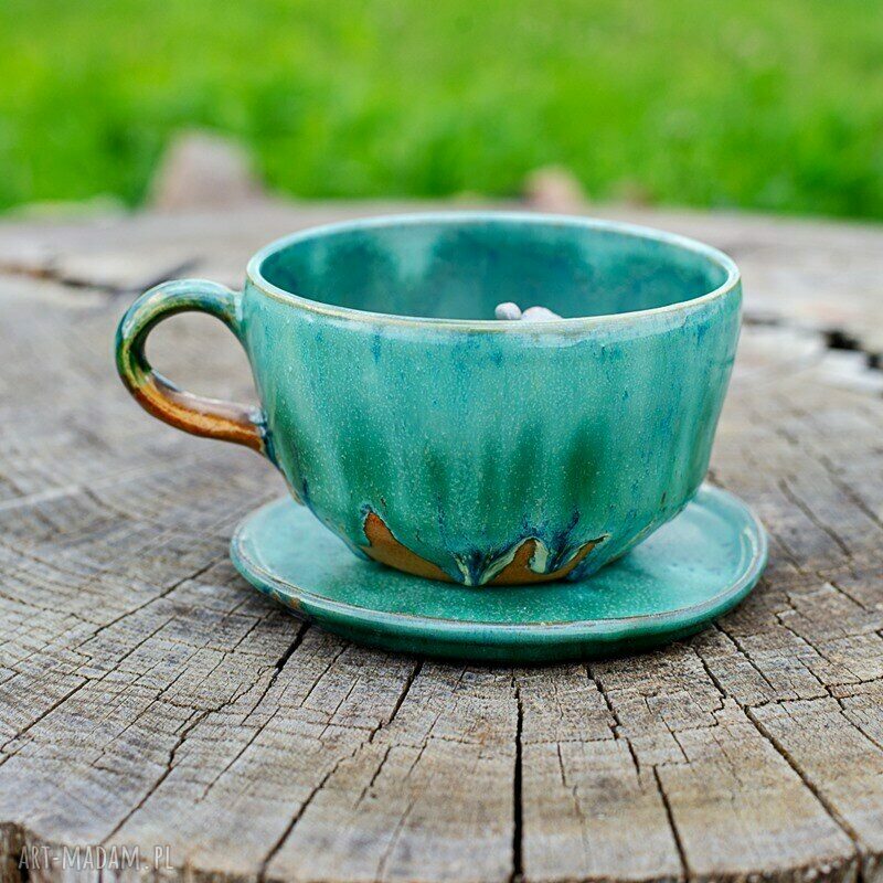 Ceramiczna filiżanka z hipopotamem w zieleni - ok. 400 ml, rękodzieło na prezent