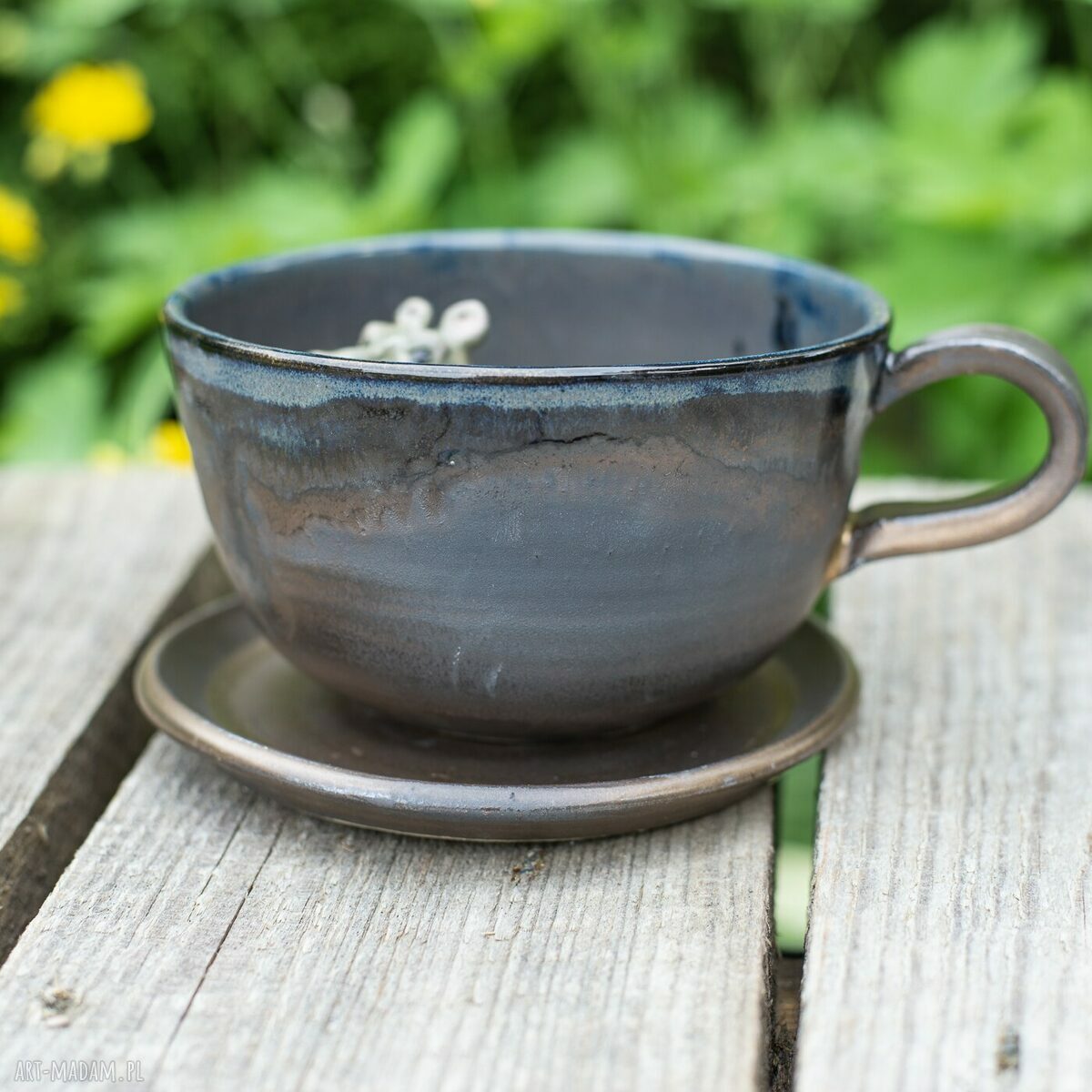 Szaro-złota filiżanka z hipopotamem - rękodzieło ceramiczne 280 ml
