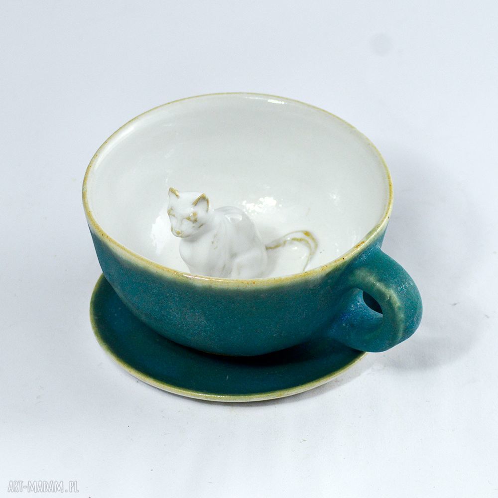 Ceramiczna filiżanka kubek z figurką kota - morska