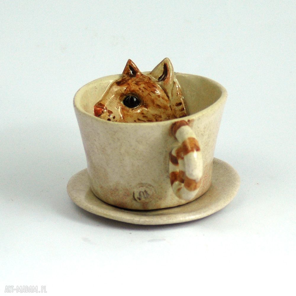 Ceramiczna filiżanka-kubek z kotem - blado-różowa 220 ml (z talerzykiem)