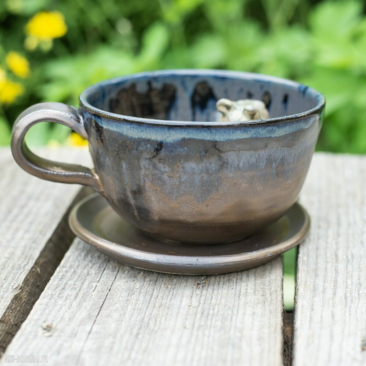 Szaro-złota filiżanka z hipopotamem - rękodzieło ceramiczne 280 ml