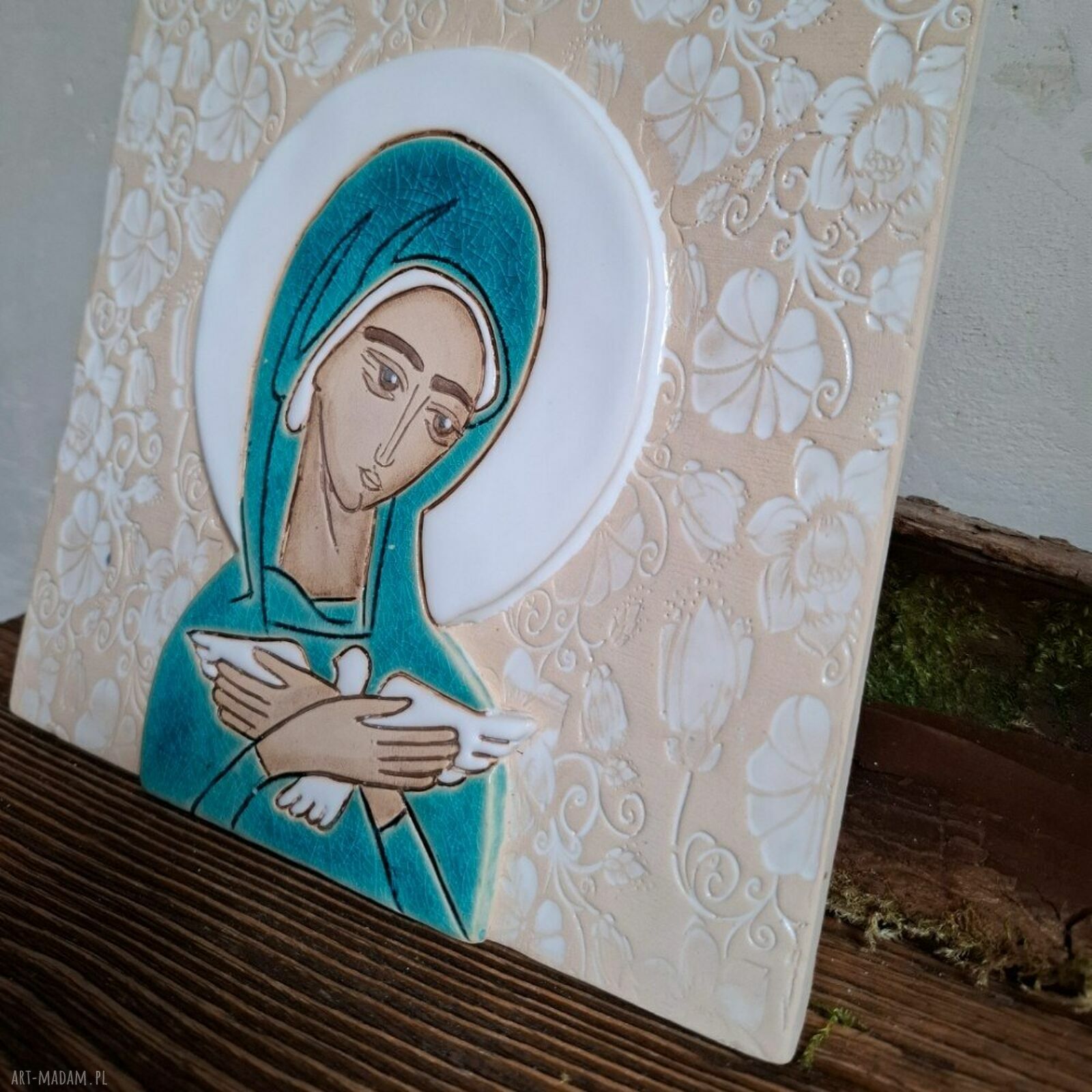 Ikona ceramiczna Matka Boża niosąca Ducha Świętego (Pneumatofora) - ręcznie rzeźbiona
