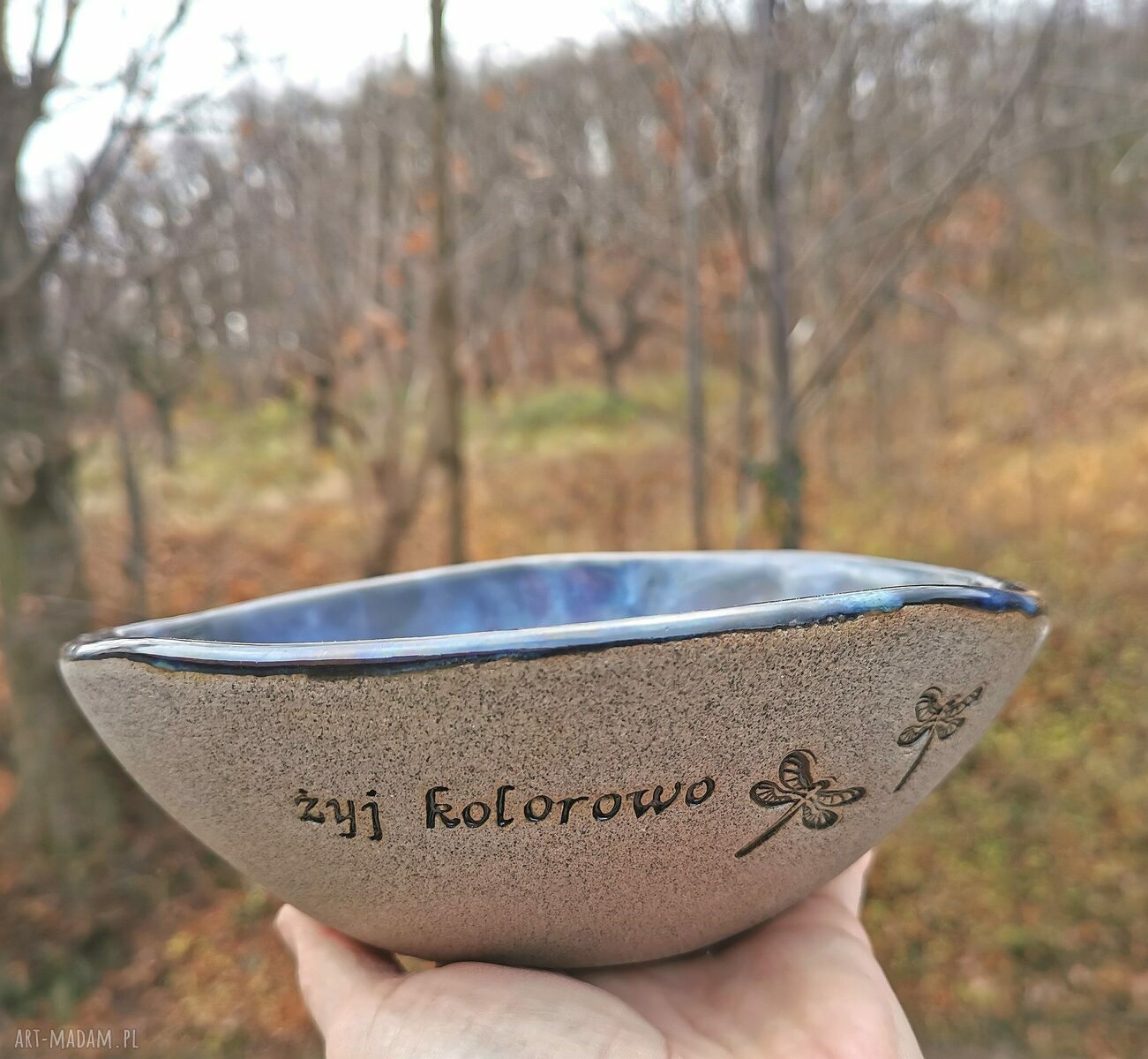 Ceramiczna misa z napisem „Żyj kolorowo” i motywem ważek - kamionka Galaxy