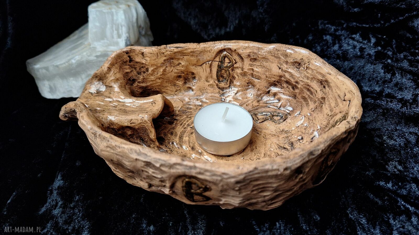Ceramiczna misa rytualna na Palo Santo podstawka z runą Berkano