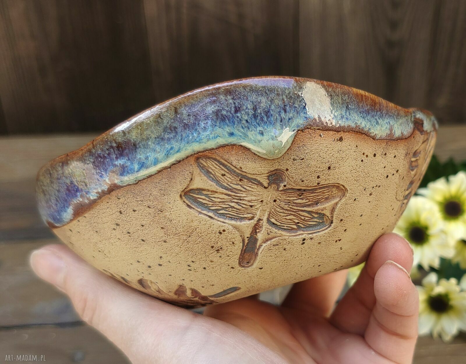 Ceramiczna miseczka kamionkowa z ważkami i paprociami (c868)