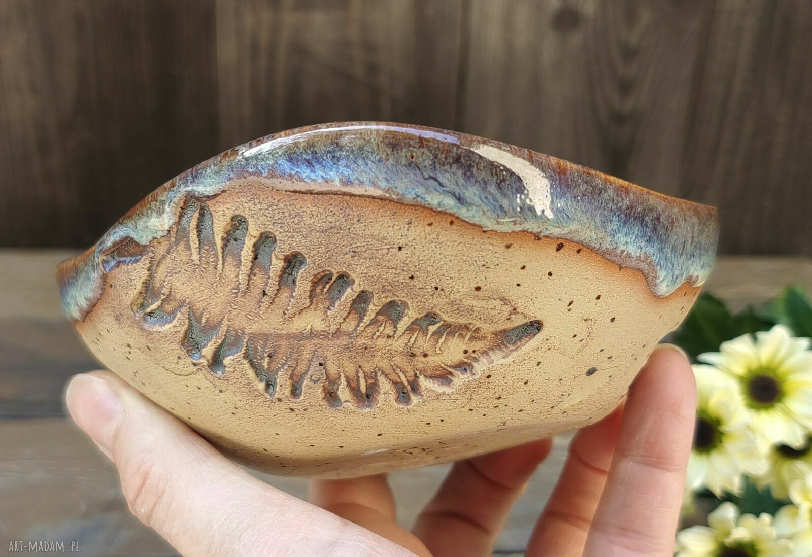 Ceramiczna miseczka kamionkowa z ważkami i paprociami (c868)