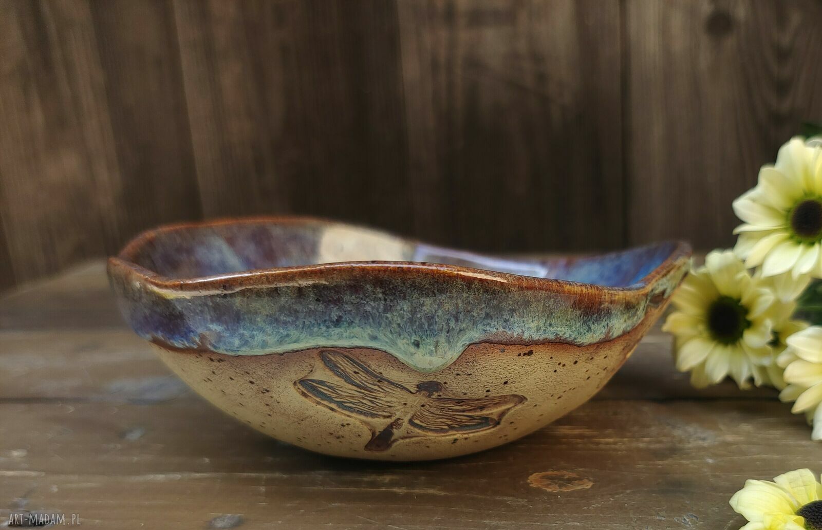 Ceramiczna miseczka kamionkowa z ważkami i paprociami (c868)