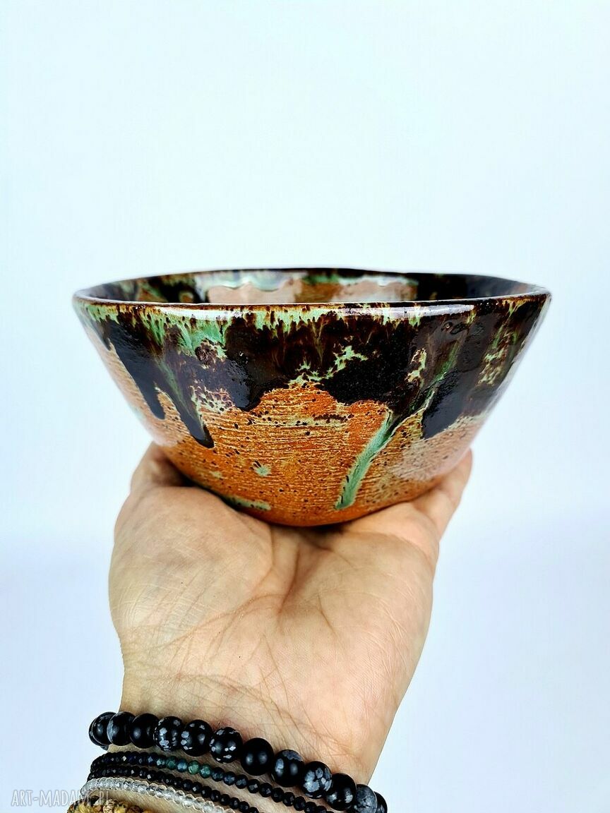 Ręcznie robiona miseczka ceramiczna poLEPIONE w zieleni, brązie i turkusie