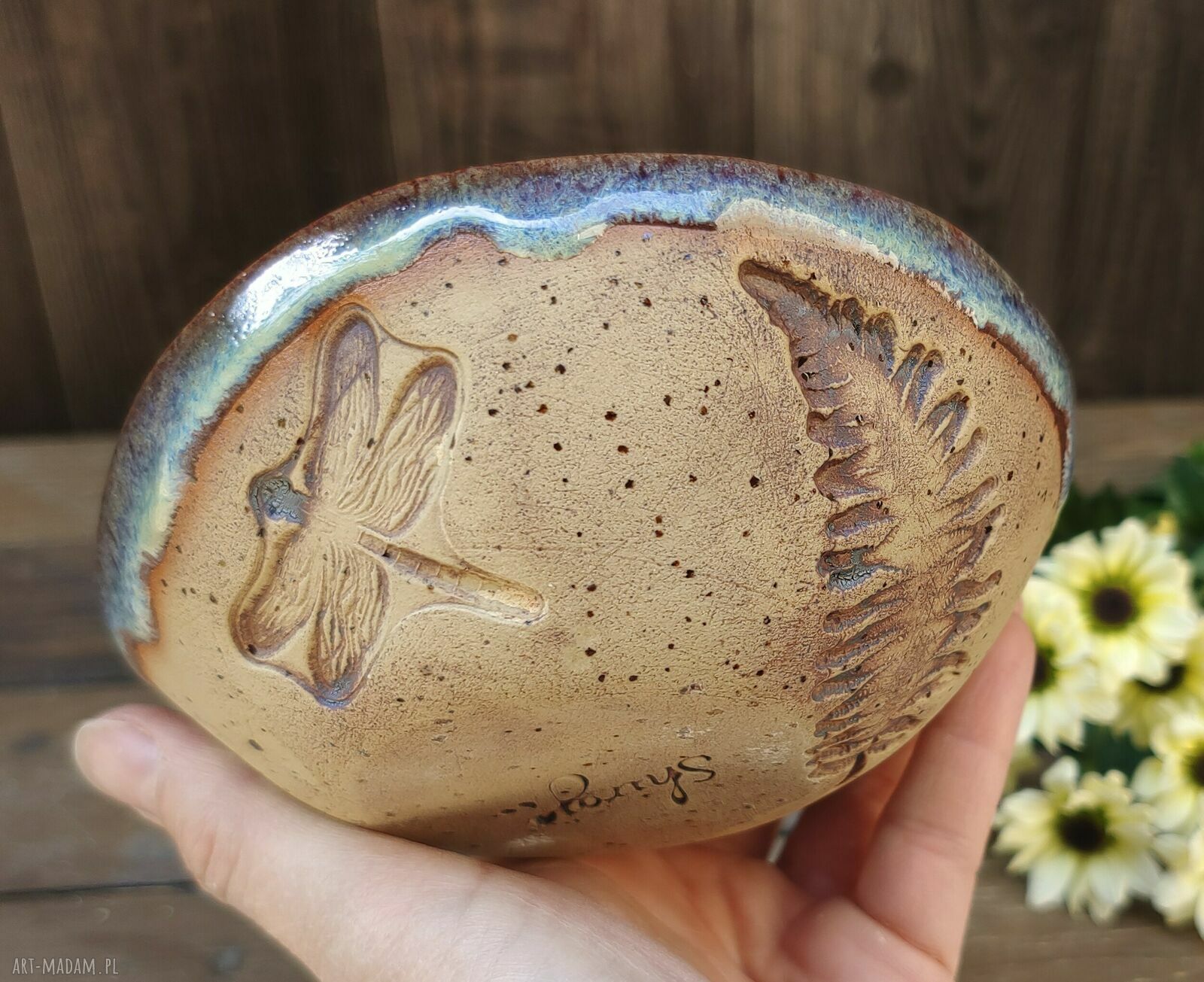 Ceramiczna miseczka kamionkowa z ważkami i paprociami (c868)