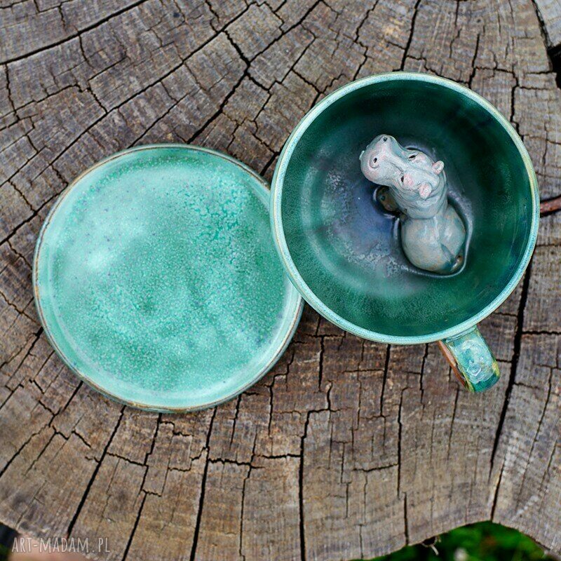 Ceramiczna filiżanka z hipopotamem w zieleni - ok. 400 ml, rękodzieło na prezent