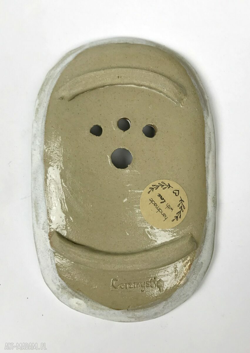 Ceramiczna mydelniczka „Mrs White” - matowa biel, ludowy ornament i ręczna ceramika