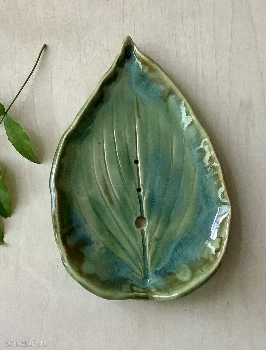 Ceramiczna mydelniczka „FUNKIA” - turkus i zieleń z odpływem wody
