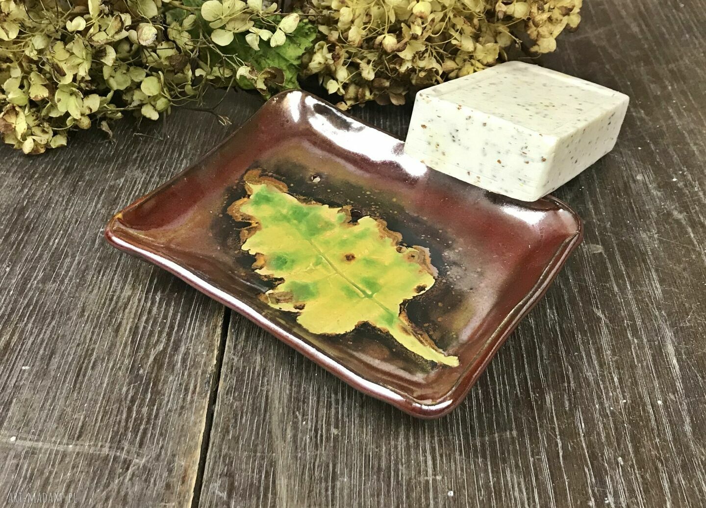 Ceramiczna mydelniczka "Jesień" - ręcznie szkliwiona z paprotką