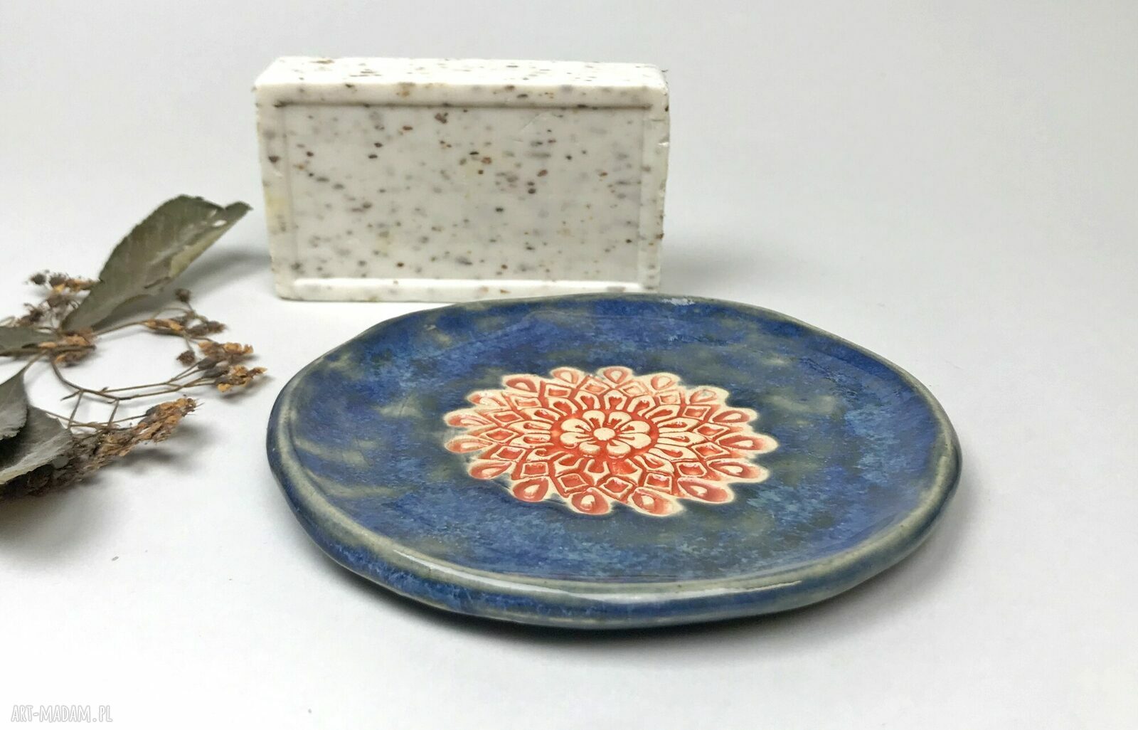 Ceramiczna mydelniczka i spodeczek „Blue” - błękit i pomarańcz z gliny