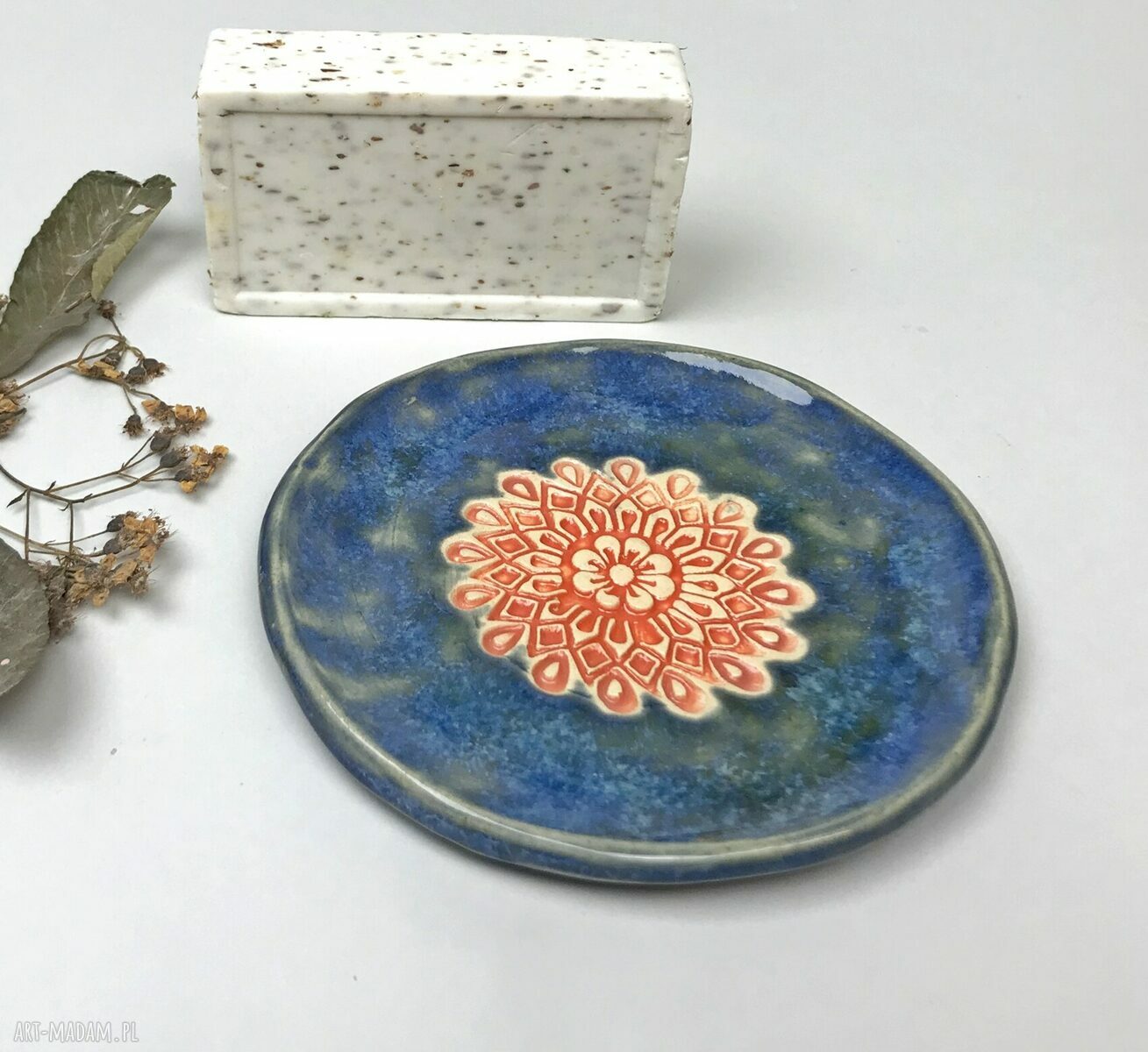 Ceramiczna mydelniczka i spodeczek „Blue” - błękit i pomarańcz z gliny