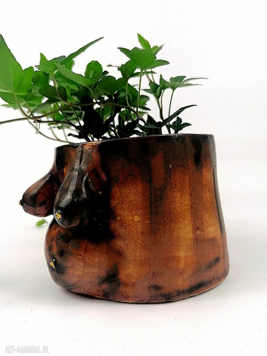 Osłonka ceramiczna - ręcznie wykonana doniczka antracyt i brąz (13 cm)