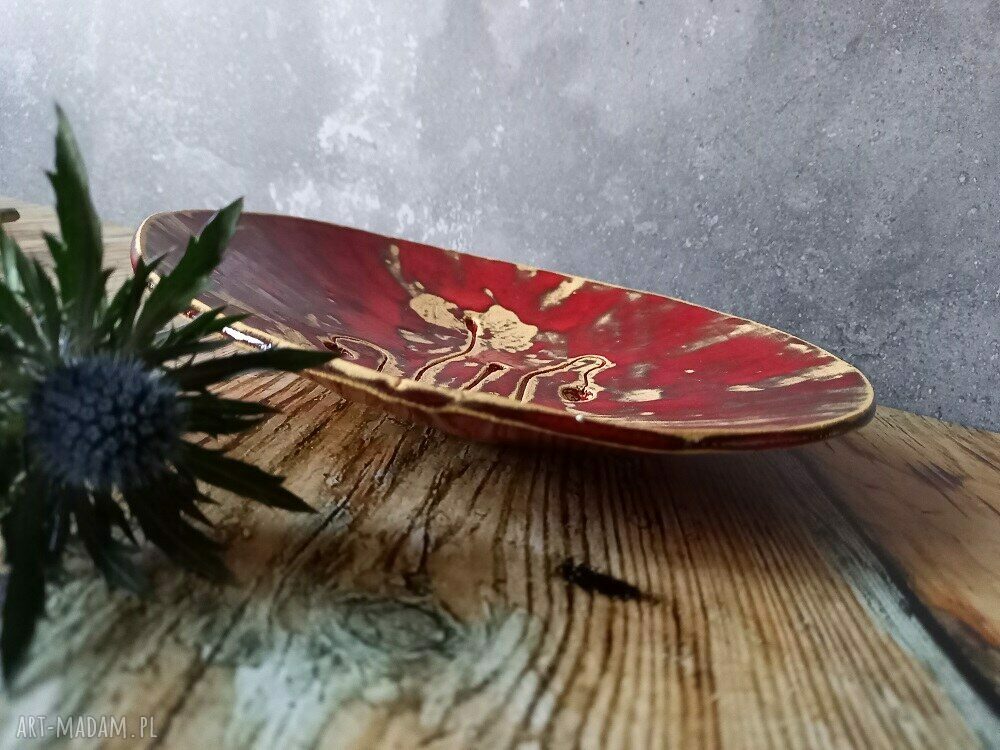 Ceramiczna patera z makami z kamionki - handmade beż i czerwień