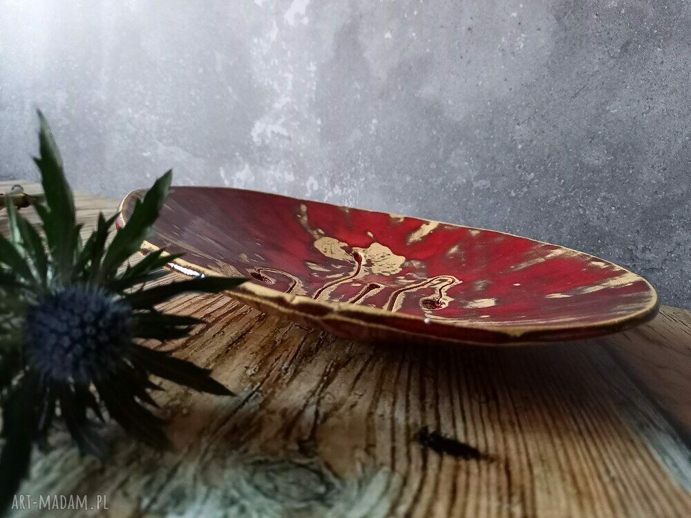 Ceramiczna patera z makami z kamionki - handmade beż i czerwień