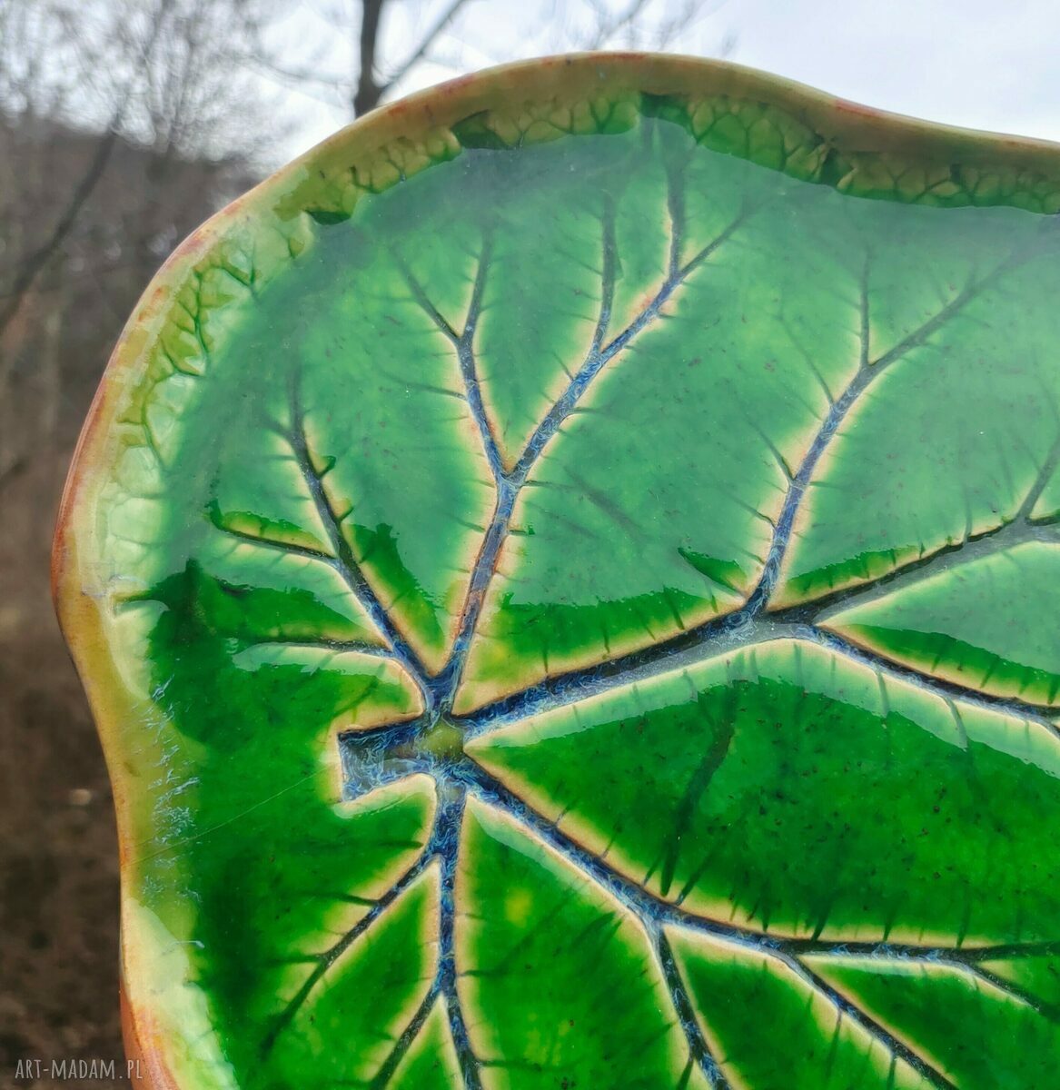 Ceramiczna patera z prawdziwym liściem (c467) - na ciasto i przekąski