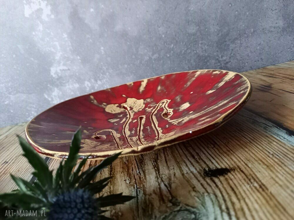 Ceramiczna patera z makami z kamionki - handmade beż i czerwień