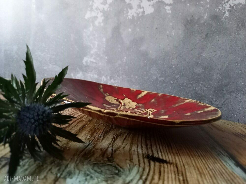 Ceramiczna patera z makami z kamionki - handmade beż i czerwień