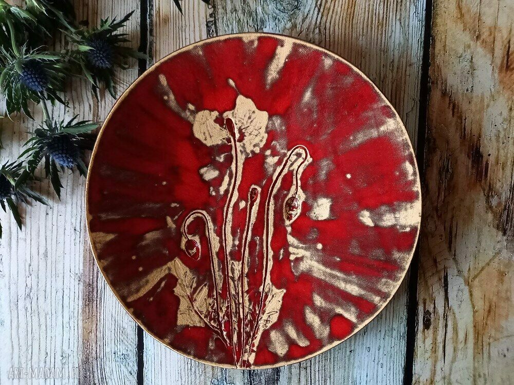 Ceramiczna patera z makami z kamionki - handmade beż i czerwień