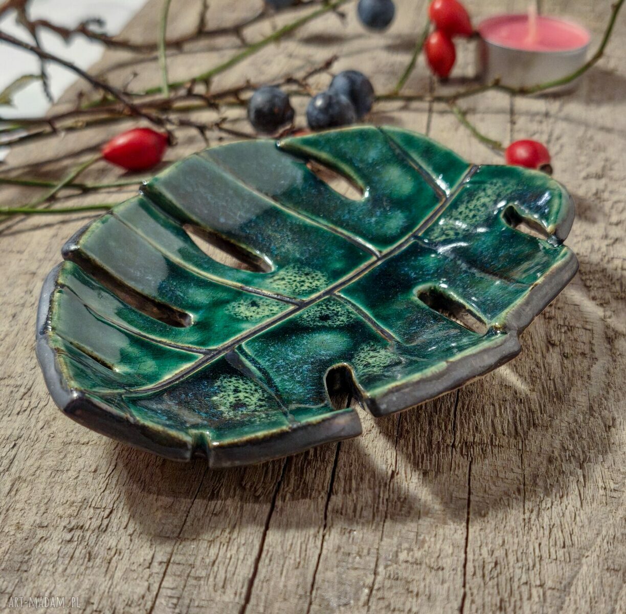 Ceramiczna podstawka Monstera - mydelniczka i pod tealight