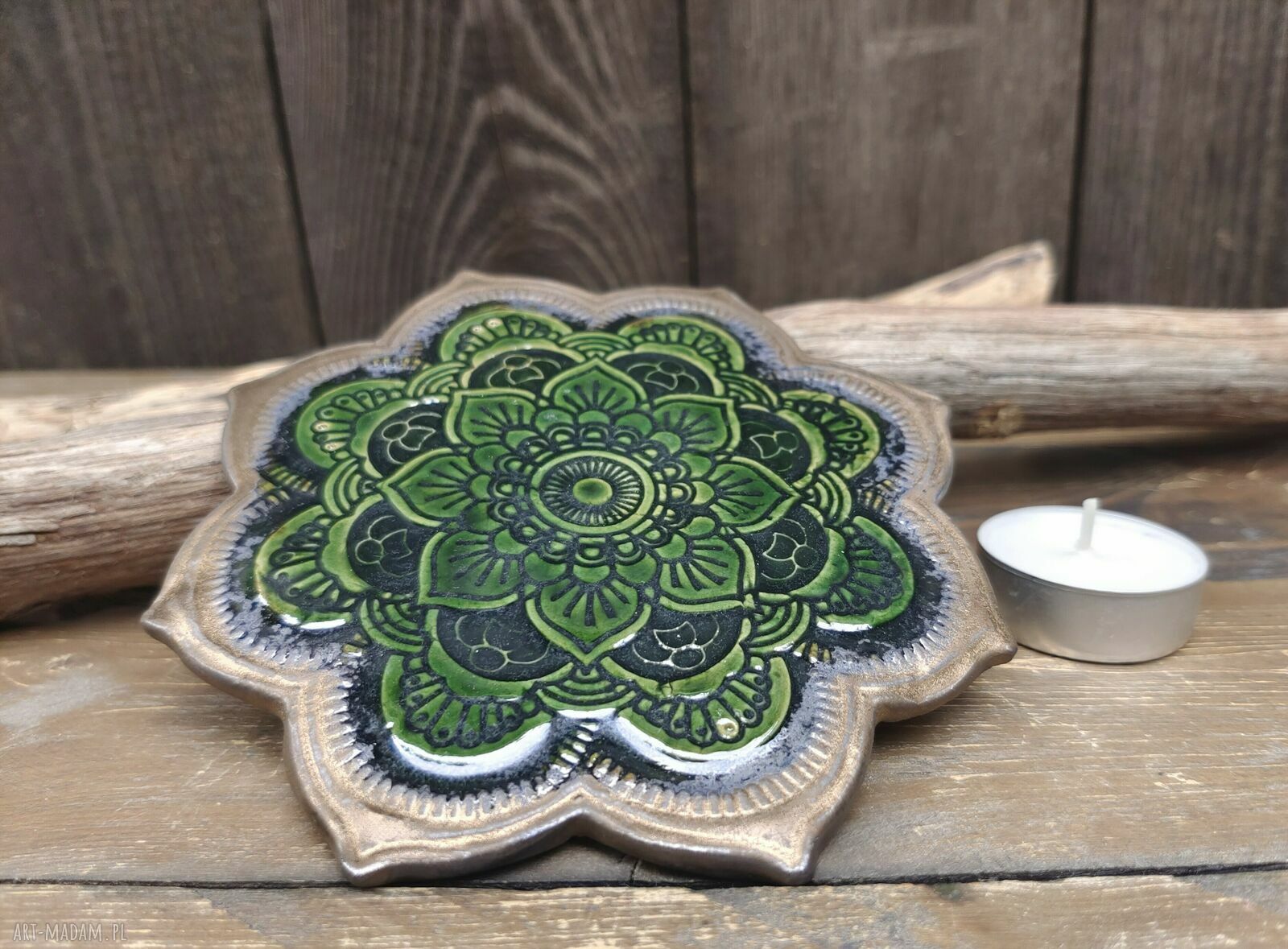 Ceramiczna podstawka na świecę mandala (c908) - butelkowa zieleń i stare złoto