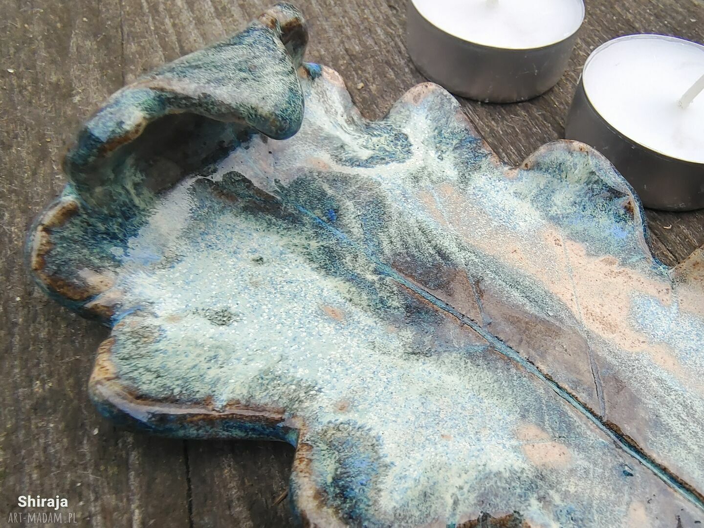 Ceramiczna podstawka liść dębu na tealighty - prezent dla niej